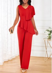 Red jumpsuits & rompers,Plain Color jumpsuits & rompers,ROTITA Ruffle Red V Neck Sleeveless Jumpsuit