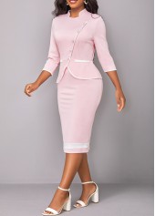 Light Pink dresses,Plain Color dresses,ROTITA Contrast Binding Light Pink Stand Collar Dress