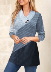 Blue tops,Contrast Color tops,ROTITA Patchwork Blue V Neck Long Sleeve Sweatshirt
