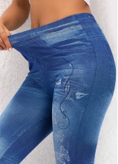 Denim Blue bottoms,Animal Print bottoms,Butterfly Print Denim Blue High Waisted Leggings