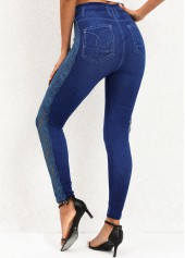 Dark Blue bottoms,Plain Color bottoms,Dark Blue High Waisted Elastic Waist Leggings