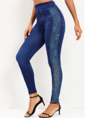 Dark Blue bottoms,Plain Color bottoms,Dark Blue High Waisted Elastic Waist Leggings