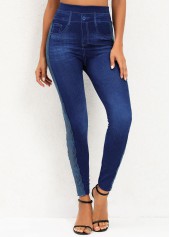 Dark Blue bottoms,Plain Color bottoms,Dark Blue High Waisted Elastic Waist Leggings