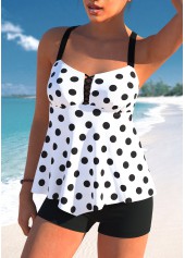 White swimwear,Dot swimwear,ROTITA Asymmetry White Polka Dot Tankini Top