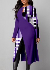 Purple tops,Plaid tops,Geometric tops,ROTITA Split Plaid Purple Round Neck Long Sleeve Blouse