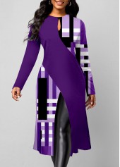 ROTITA Split Plaid Purple Round Neck Long Sleeve Blouse