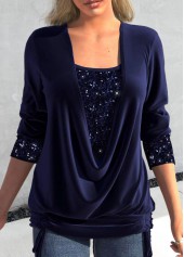 ROTITA Sequin Navy Square Neck Long Sleeve T Shirt