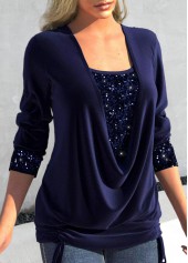 Navy tops,Plain Color tops,ROTITA Sequin Navy Square Neck Long Sleeve T Shirt