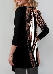 Black tops,Leopard tops,Animal Print tops,ROTITA Leopard Black Round Neck Long Sleeve T Shirt