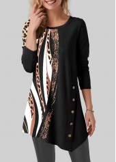 ROTITA Leopard Black Round Neck Long Sleeve T Shirt