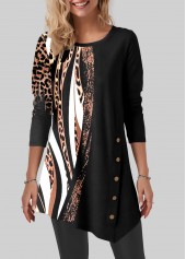 Black tops,Leopard tops,Animal Print tops,ROTITA Leopard Black Round Neck Long Sleeve T Shirt