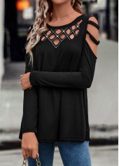 Black tops,Plain Color tops,Ladder Cutout Black Round Neck T Shirt