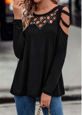 Ladder Cutout Black Round Neck T Shirt