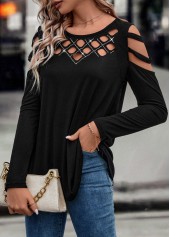 Black tops,Plain Color tops,Ladder Cutout Black Round Neck T Shirt