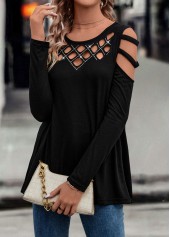 Black tops,Plain Color tops,Ladder Cutout Black Round Neck T Shirt