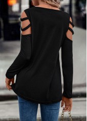 Black tops,Plain Color tops,Ladder Cutout Black Round Neck T Shirt