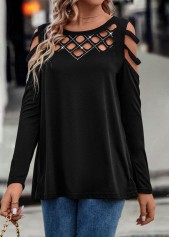 Black tops,Plain Color tops,Ladder Cutout Black Round Neck T Shirt