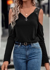 Black tops,Plain Color tops,Zipper Black V Neck Long Sleeve T Shirt