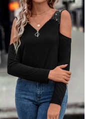 Black tops,Plain Color tops,Zipper Black V Neck Long Sleeve T Shirt