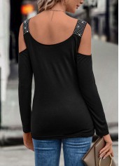 Black tops,Plain Color tops,Zipper Black V Neck Long Sleeve T Shirt