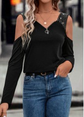 Black tops,Plain Color tops,Zipper Black V Neck Long Sleeve T Shirt