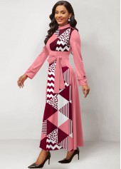 Pink dresses,Geometric dresses,Striped dresses,ROTITA Patchwork Geometric Print Pink Belted Maxi Dress