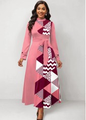 Pink dresses,Geometric dresses,Striped dresses,ROTITA Patchwork Geometric Print Pink Belted Maxi Dress