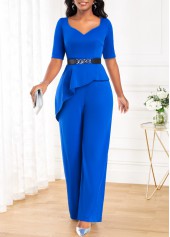 Blue jumpsuits & rompers,Plain Color jumpsuits & rompers,ROTITA Ruffle Blue Long Heart Collar Half Sleeve Jumpsuit