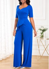 Blue jumpsuits & rompers,Plain Color jumpsuits & rompers,ROTITA Ruffle Blue Long Heart Collar Half Sleeve Jumpsuit