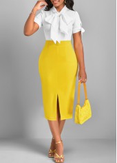 Yellow dresses,White dresses,Contrast Color dresses,ROTITA Split Yellow Tie Collar Short Sleeve Bodycon Dress