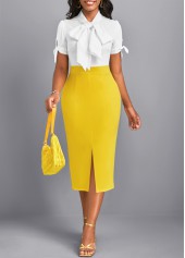 ROTITA Split Yellow Tie Collar Short Sleeve Bodycon Dress