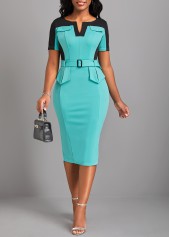 ROTITA Split Cyan Belted Short Sleeve Bodycon Dress