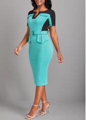 Cyan dresses,Contrast Color dresses,ROTITA Split Cyan Belted Short Sleeve Bodycon Dress