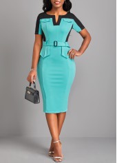 Cyan dresses,Contrast Color dresses,ROTITA Split Cyan Belted Short Sleeve Bodycon Dress