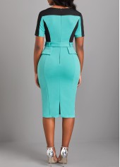 Cyan dresses,Contrast Color dresses,ROTITA Split Cyan Belted Short Sleeve Bodycon Dress
