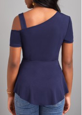 Navy tops,Plain Color tops,ROTITA Asymmetry Short Sleeve Navy Cold Shoulder Blouse