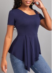 Navy tops,Plain Color tops,ROTITA Asymmetry Short Sleeve Navy Cold Shoulder Blouse