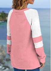 Pink tops,Contrast Color tops,ROTITA Patchwork Pink V Neck Long Sleeve Sweatshirt