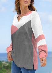 Pink tops,Contrast Color tops,ROTITA Patchwork Pink V Neck Long Sleeve Sweatshirt