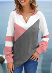 ROTITA Patchwork Pink V Neck Long Sleeve Sweatshirt