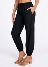 Black bottoms,Plain Color bottoms,Drawstring Black Belted High Waisted Pants
