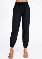 Black bottoms,Plain Color bottoms,Drawstring Black Belted High Waisted Pants