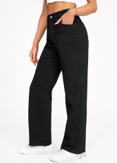 Black bottoms,Plain Color bottoms,Black Button Fly High Waisted Pocket Jeans