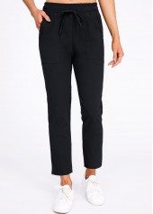 Black bottoms,Plain Color bottoms,Pocket Black Drawastring Mid Waisted Pants