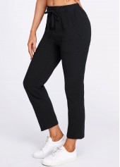 Black bottoms,Plain Color bottoms,Pocket Black Drawastring Mid Waisted Pants