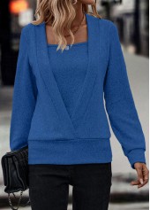 Dark Blue tops,Plain Color tops,Fake 2in1 Dark Blue Square Neck Sweatshirt