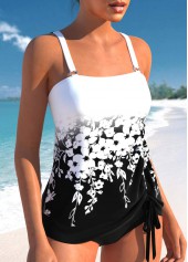 Black swimwear,Floral swimwear,Plants swimwear,Ombre swimwear,ROTITA Drawstring Black Floral Print Tankini Top