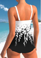 Black swimwear,Floral swimwear,Plants swimwear,Ombre swimwear,ROTITA Drawstring Black Floral Print Tankini Top