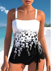 Drawstring Black Floral Print Tankini Set
