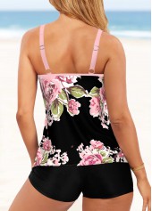 Black swimwear,Floral swimwear,Plants swimwear,ROTITA Black Double Straps Floral Print Tankini Top